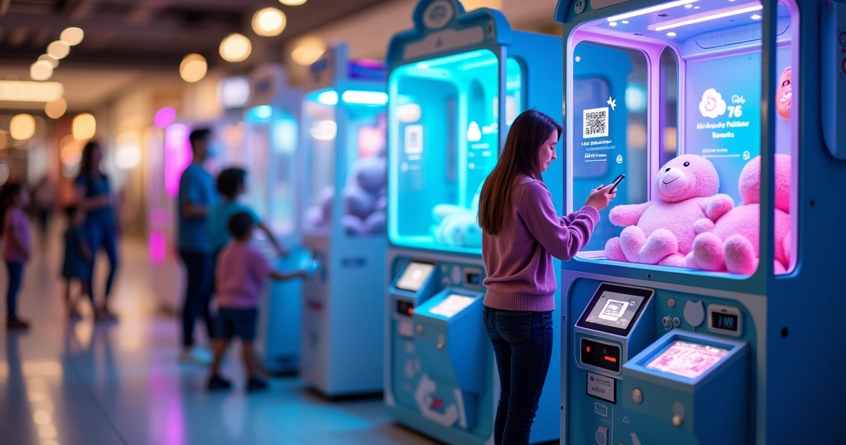 Área de diversão eletrônica com máquinas operando sem moedas e pagamento digital em destaque 