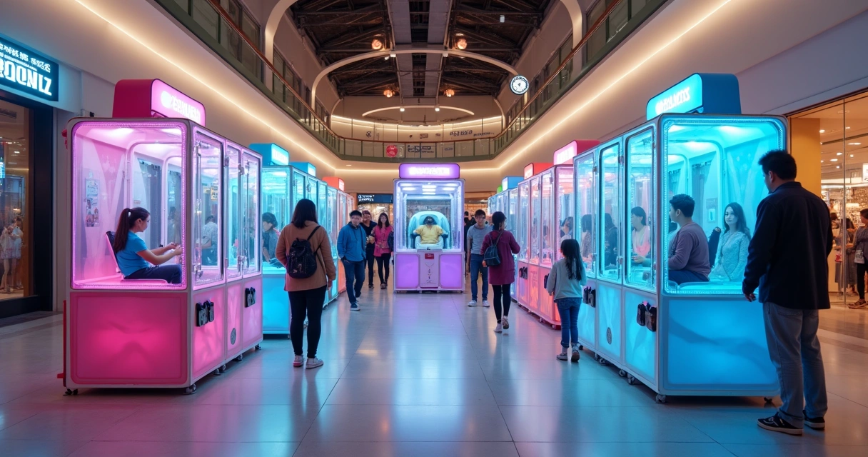 Grupo de máquinas de diversão eletrônica em shopping center 
