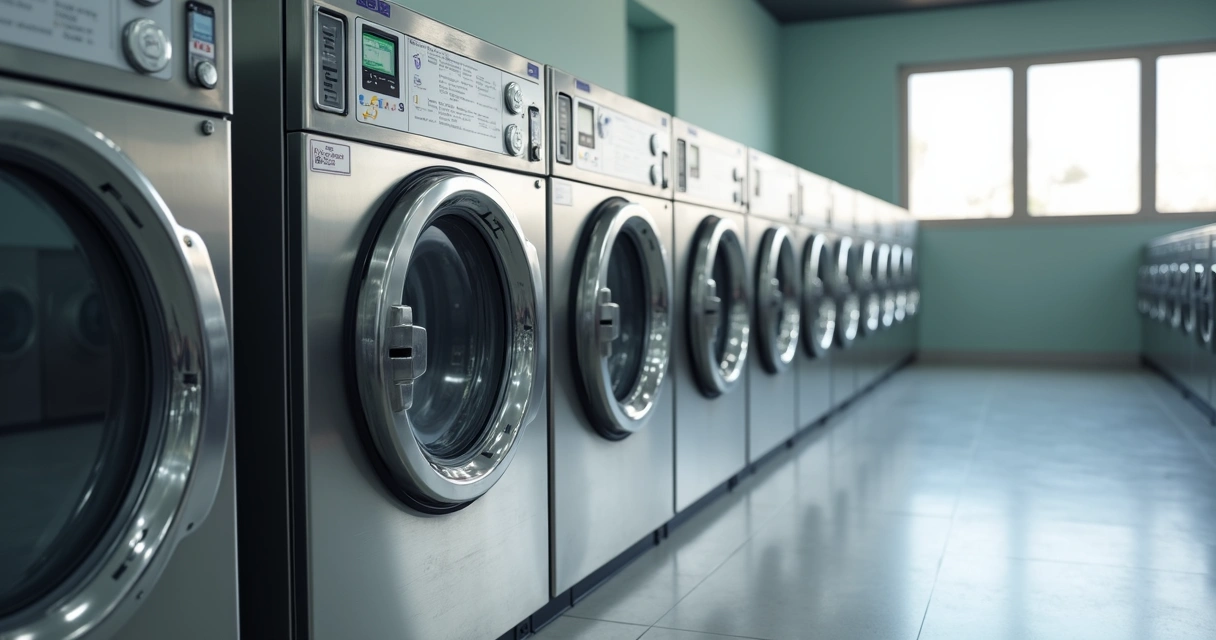 Lavadoras industriais automáticas funcionando lado a lado 