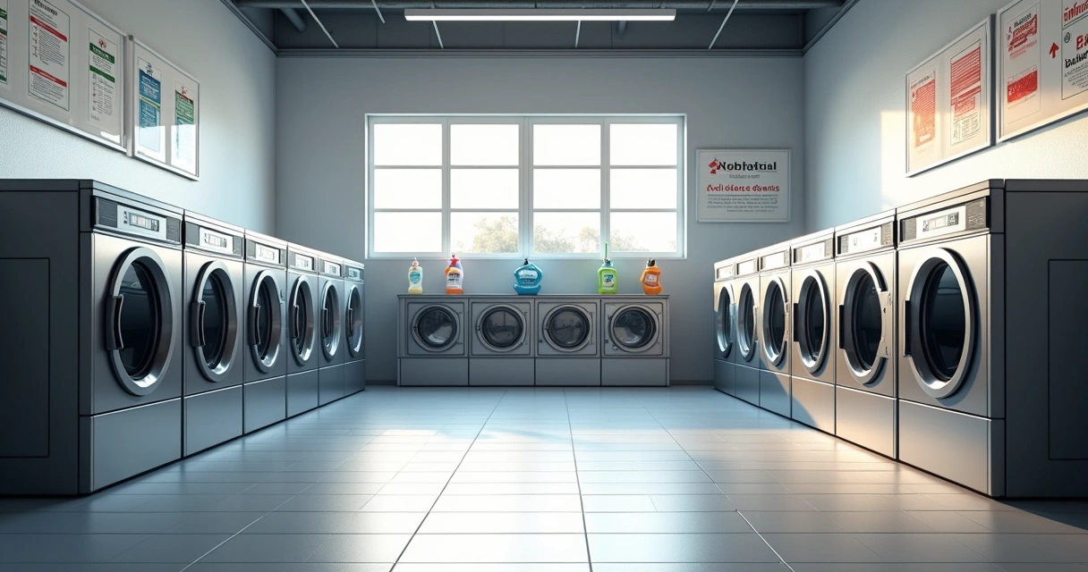 Máquinas modernas de lavanderia automáticas alinhadas num espaço comercial 