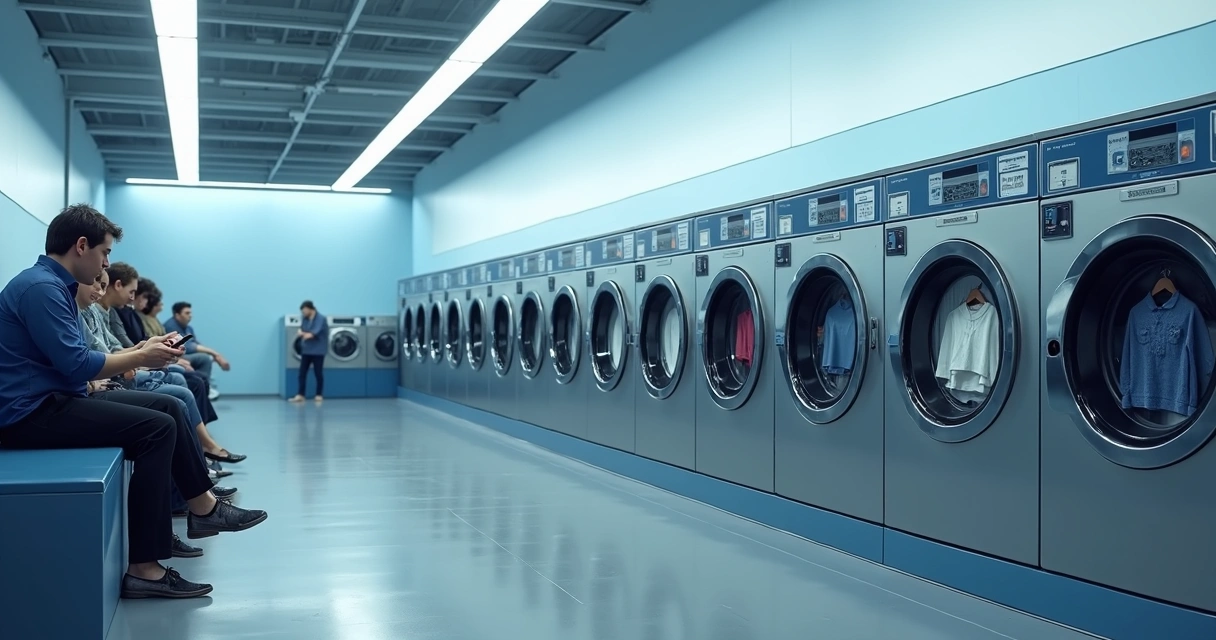 Máquinas de lavar ocupadas em lavanderia de autoatendimento 