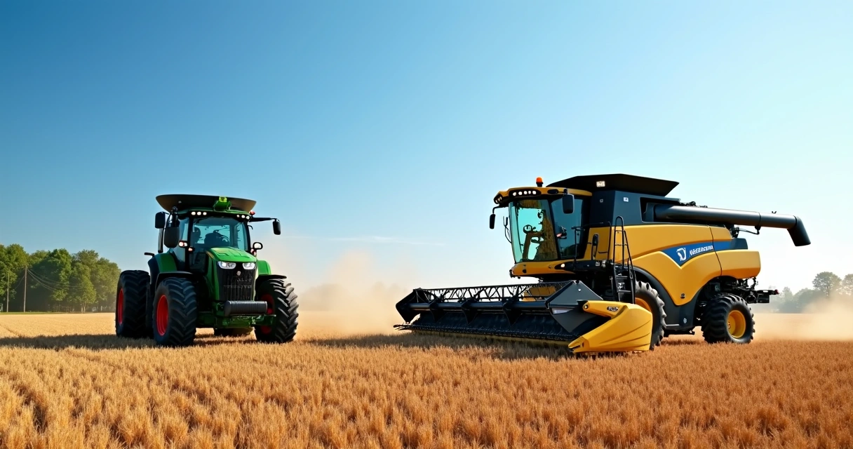 Colheitadeira e trator novos em campo agrícola 