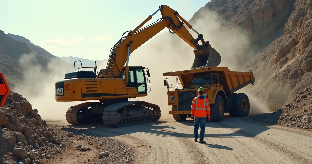 Colisão entre escavadeira e caminhão em área de mineração 