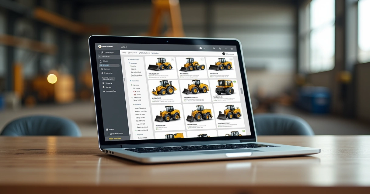 Máquinas pesadas apresentadas em catálogo digital em laptop 