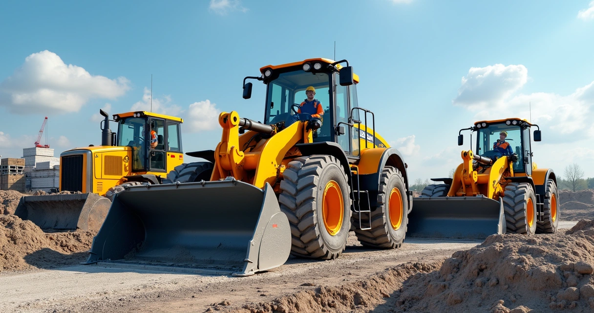 Máquinas pesadas modernas em canteiro de obras com operador e céu claro ao fundo 