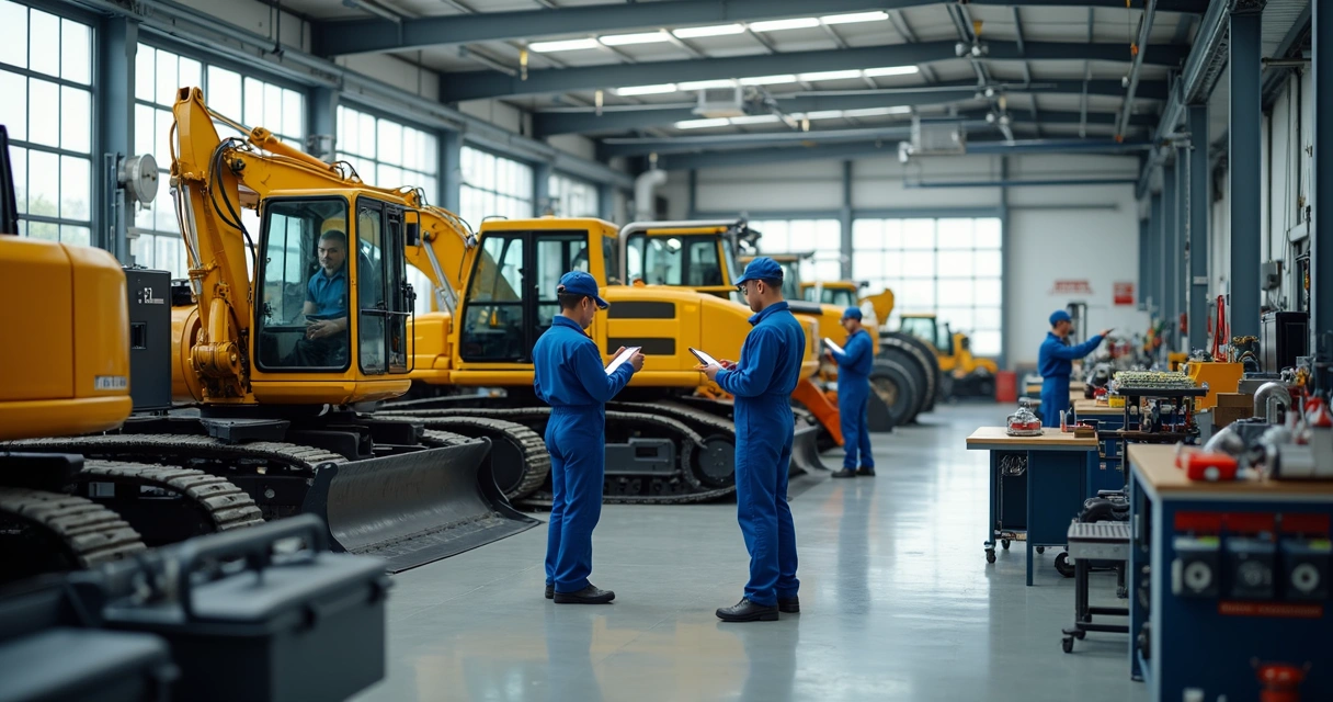 Oficina com máquinas pesadas em manutenção, equipe trabalhando