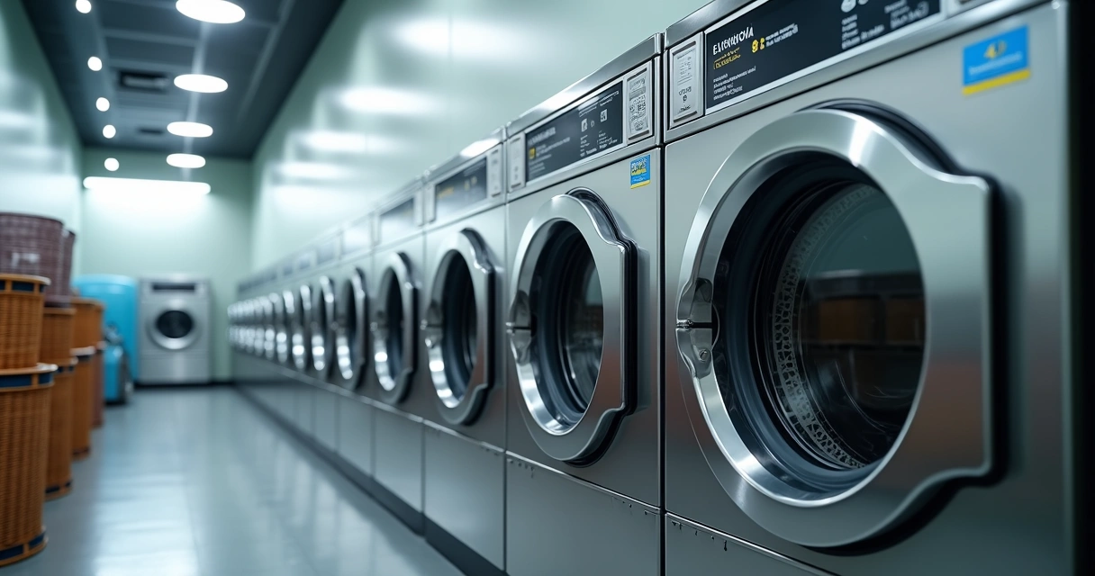 Máquinas de lavar Speed Queen alinhadas em lavanderia self-service 