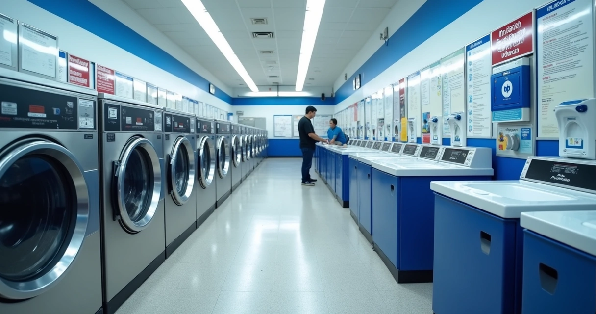 Lavadoras e secadoras Speed Queen alinhadas em lavanderia limpa 