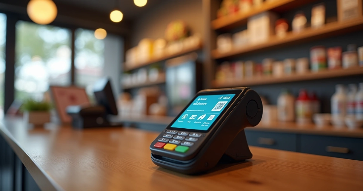 Maquininha de cartão moderna em primeiro plano com tela digital mostrando opções de pagamento via aproximação e Pix 