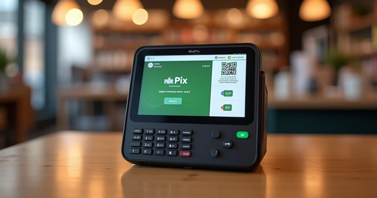 Maquininha de cartão exibindo várias formas de pagamento, incluindo Pix e pagamento por aproximação, sobre mesa de madeira com fundo desfocado de loja 