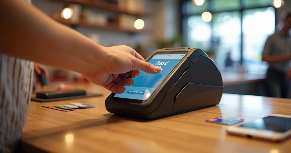 Pessoa segurando maquininha de cartão personalizada com logo de empresa 