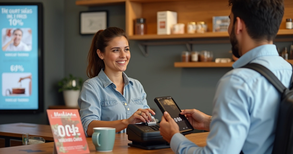 Maquininha de cartão recebendo voucher digital em um balcão de loja 