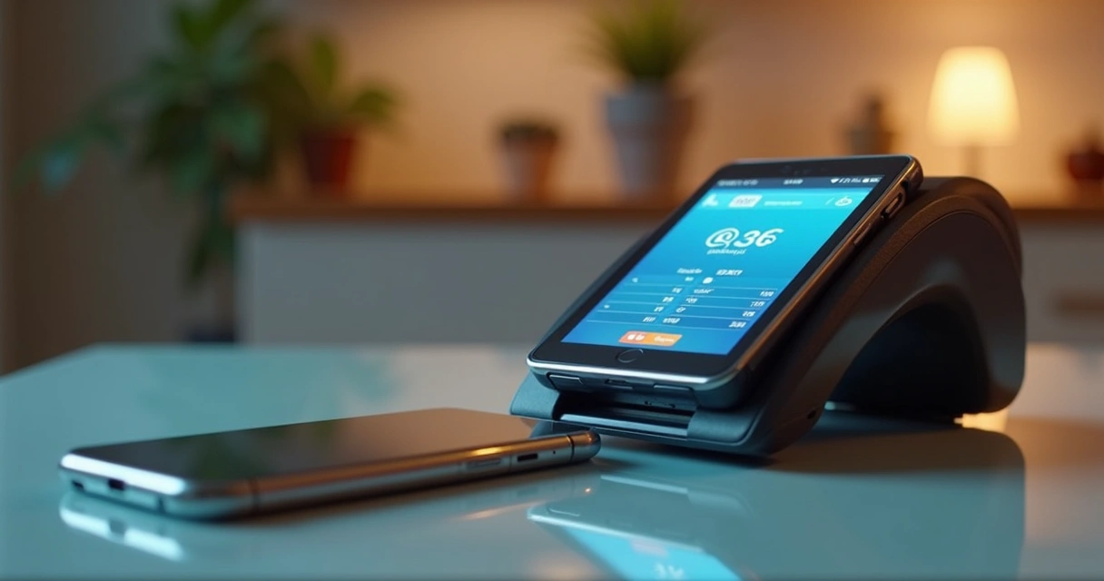 Maquininha de pagamentos e app de conta digital lado a lado 