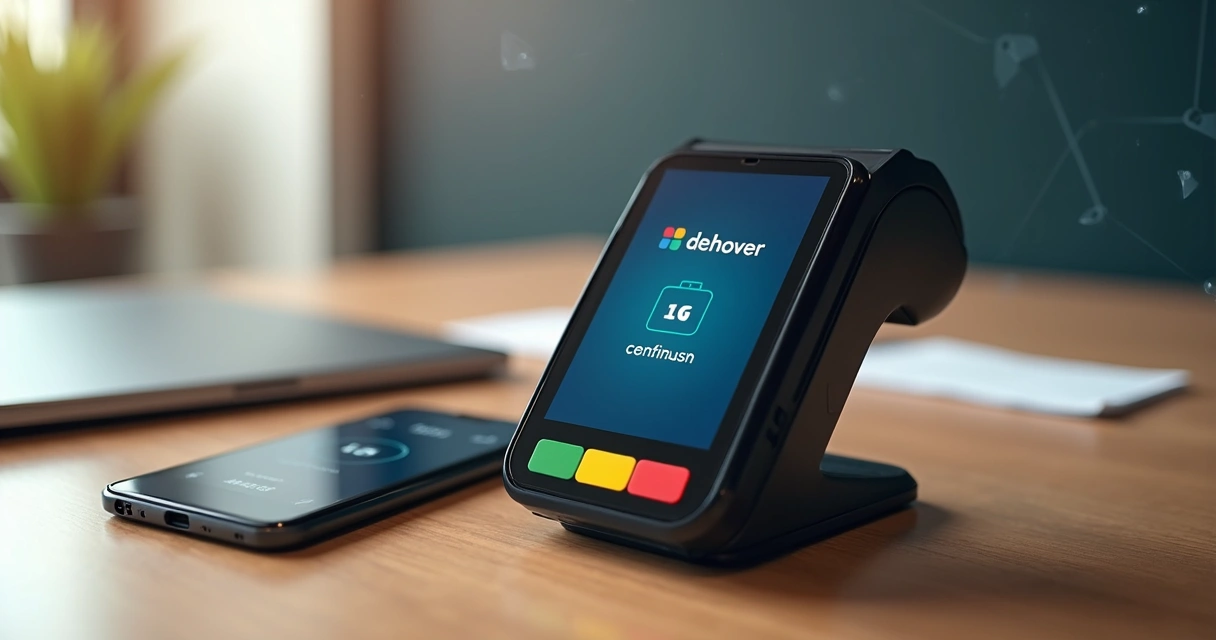 Maquininha de cartão personalizada com branding do parceiro, sobre mesa de escritório 