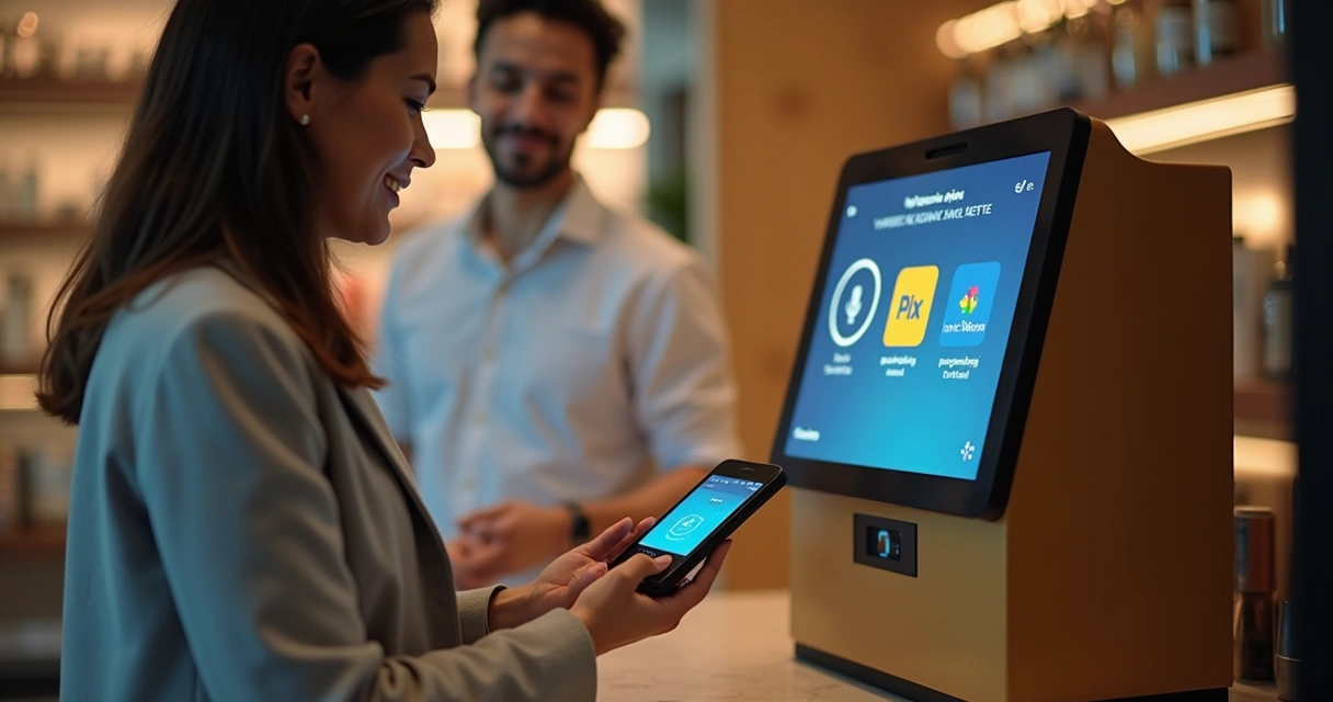 Pessoa usando maquininha em balcão de loja 