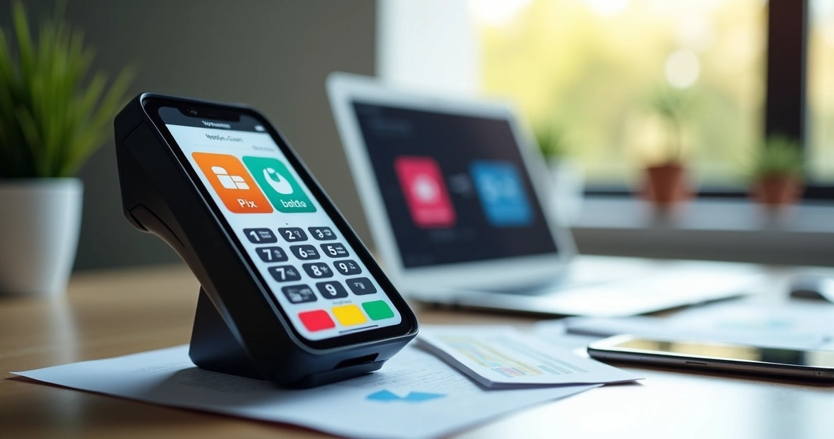 Maquininha de cartão preta e branca exibindo pagamentos digitais em tela de fintech white label 