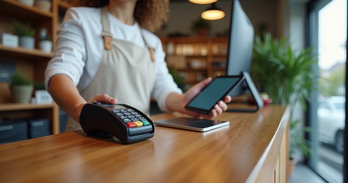 Pequeno empresário com maquininha de cartão personalizada em loja organizada 