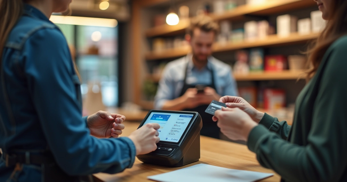 Lojista utilizando máquina de cartão de crédito no balcão 