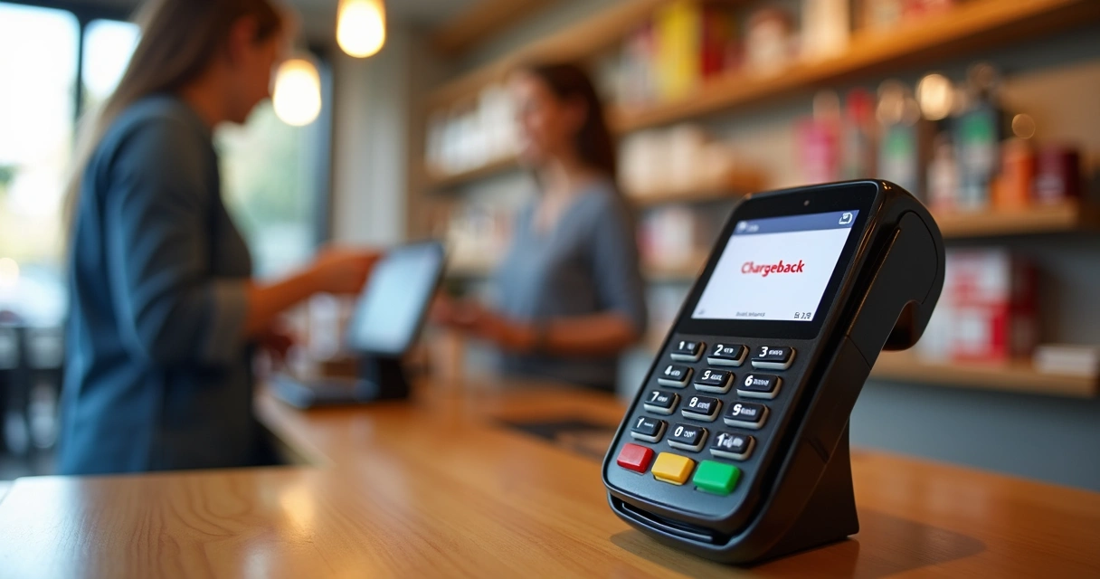 Maquininha de cartão com tela mostrando notificação de chargeback em ambiente comercial 