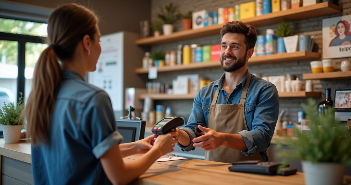 Cliente usando maquininha de pagamento digital em loja local 