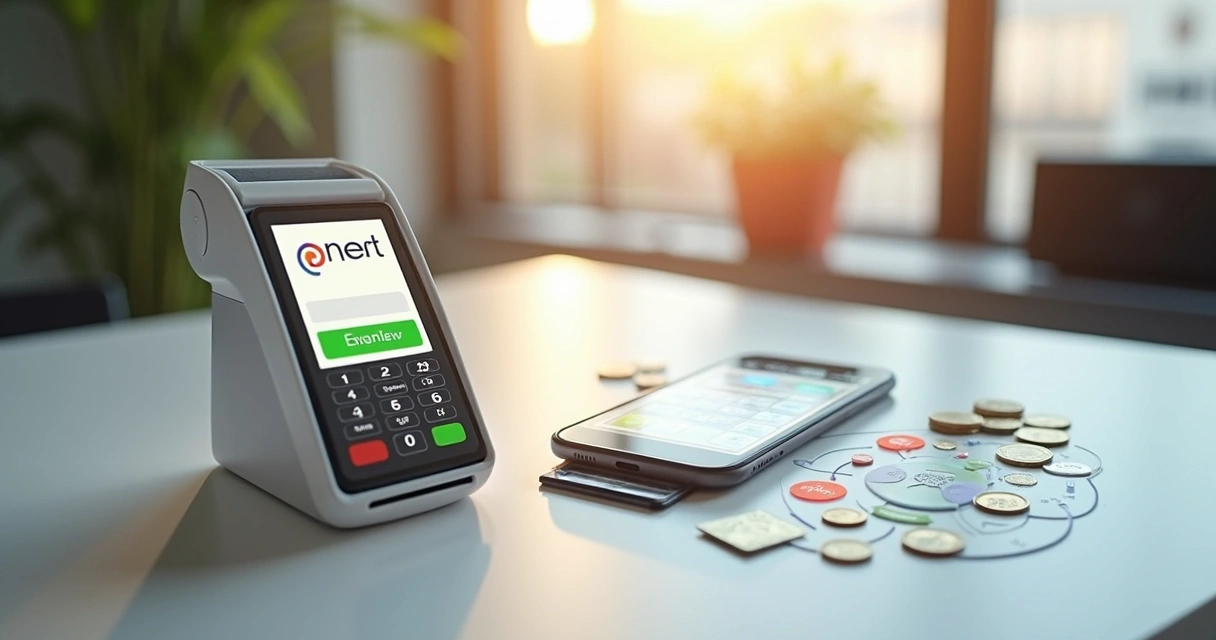 Celular com tela mostrando diversas opções de pagamento, maquininha e dinheiro ao lado, elementos coloridos 