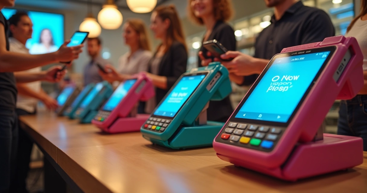 Pessoa segurando maquininhas de cartão customizadas, mostrando diferentes cores e marcas 