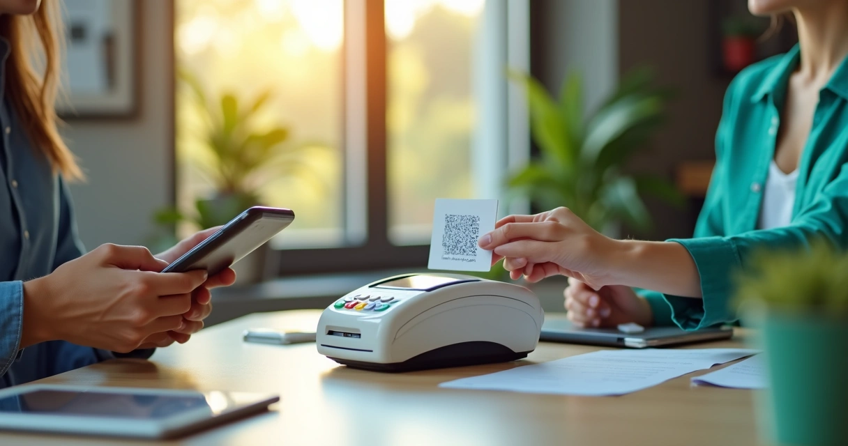 Pessoa utilizando maquininha, fazendo Pix e boleto em workstation moderna 