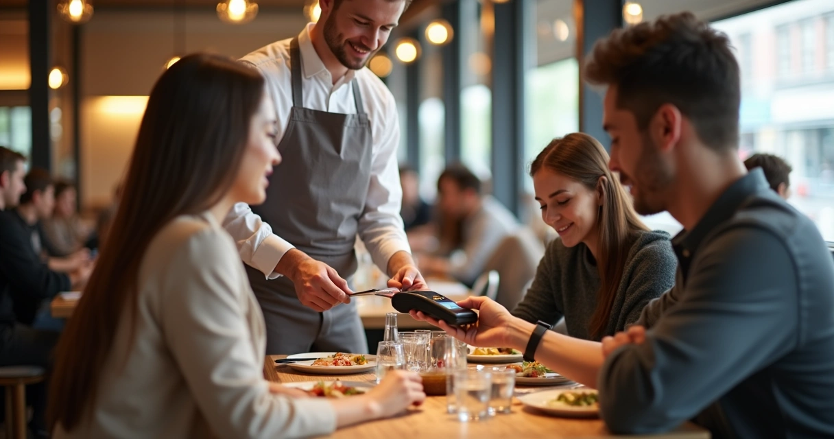 Garçom usando maquininha POS na mesa de um restaurante 