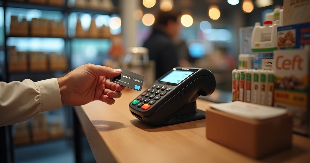 Pessoa utilizando maquininha de cartão portátil em balcão de loja 