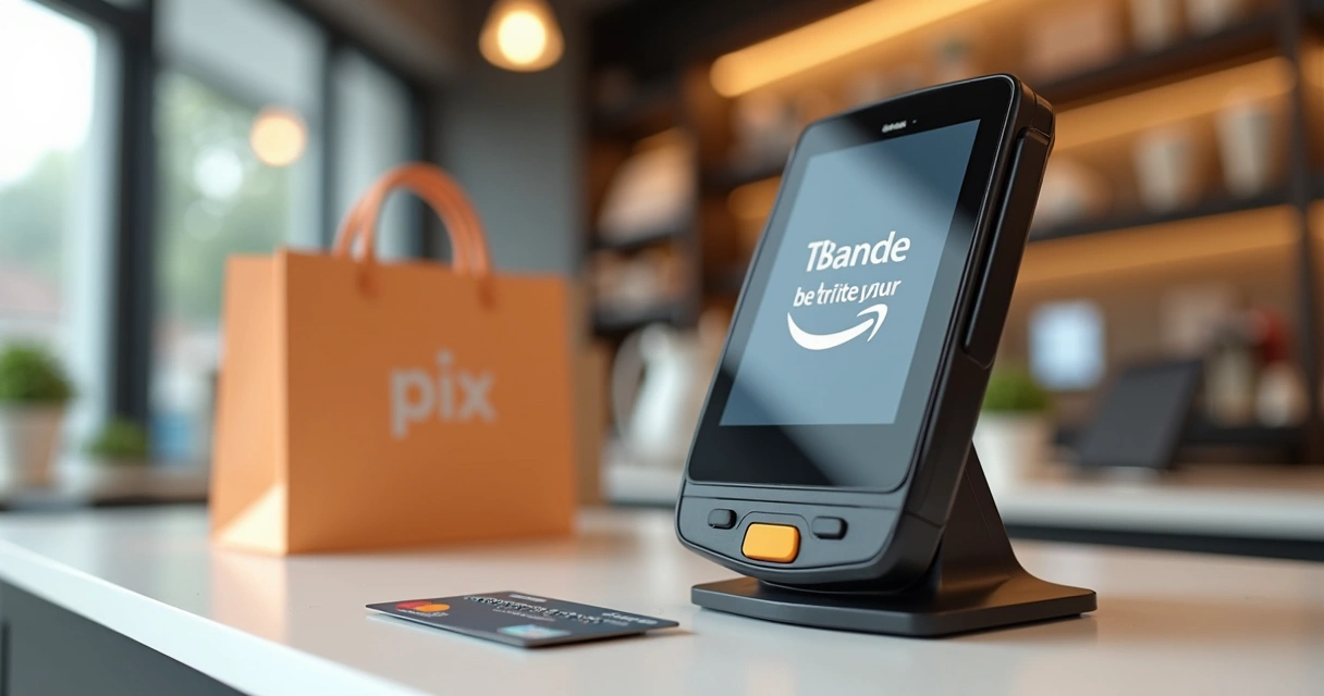 Maquininha de cartão personalizada com marca própria, em um balcão de loja 