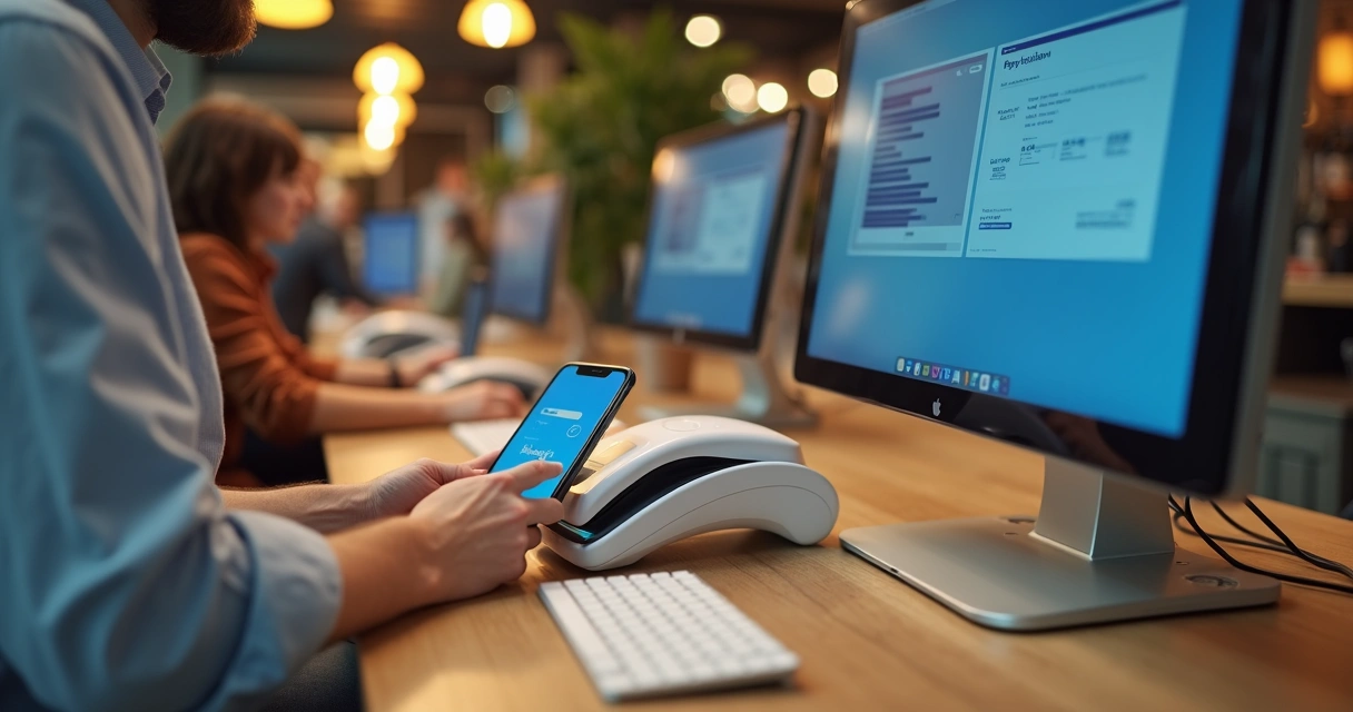 Pessoa usando maquininha de cartão white label com celular, em mesa de coworking 