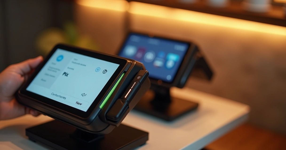 Maquininha moderna com Wi-Fi, NFC e tela mostrando opção Pix 