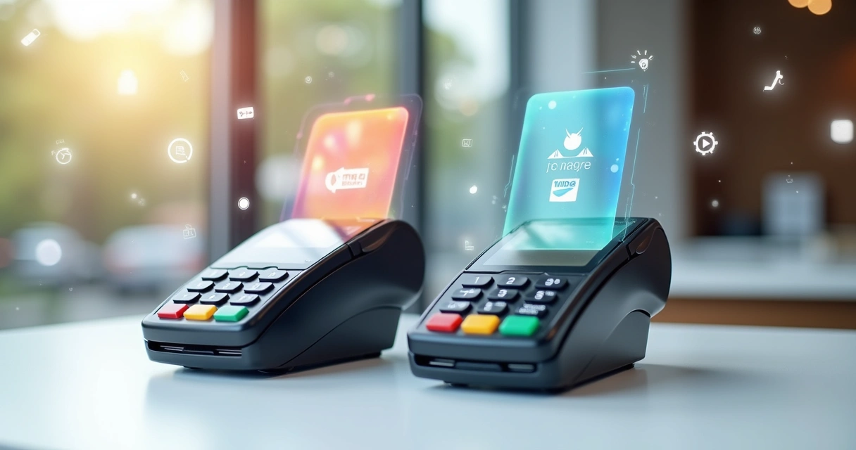 Duas maquininhas de cartão personalizadas sobre mesa branca, com diferentes designs e marcas, cercadas por elementos digitais que representam pagamentos, como ícones de PIX, boleto e TED 
