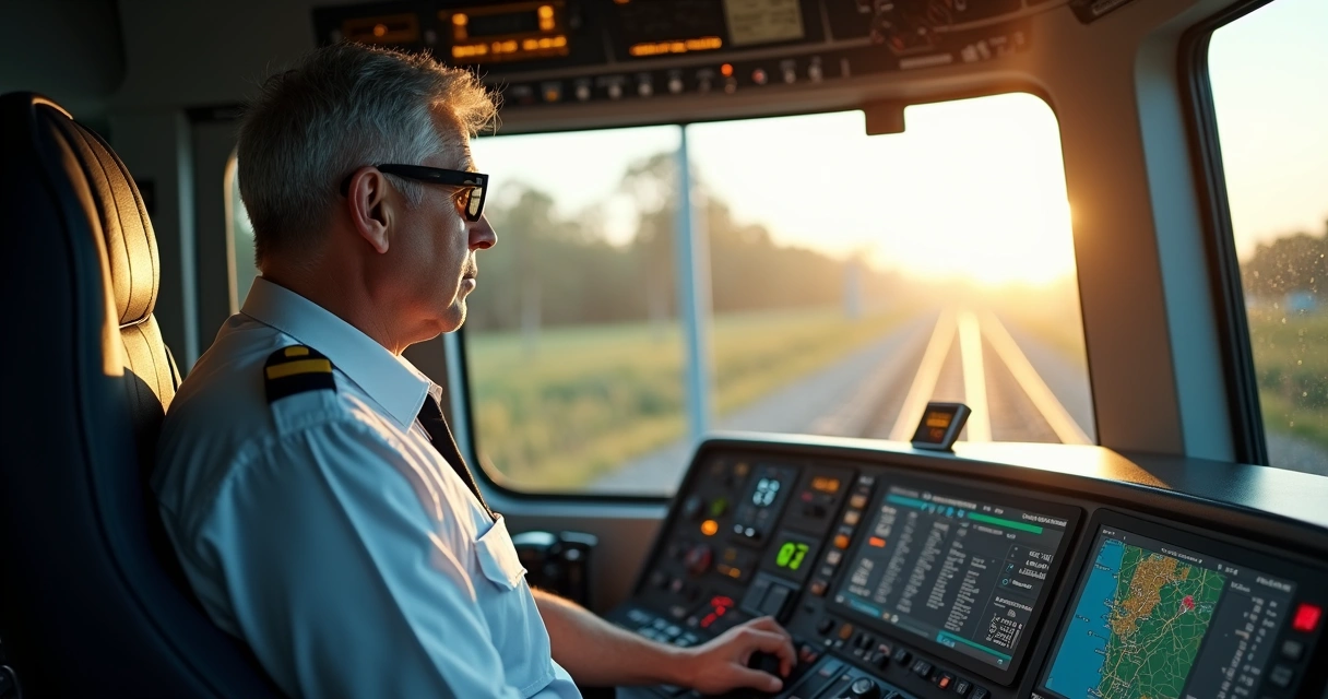 Maquinista em cabine de trem observando painel de controle moderno