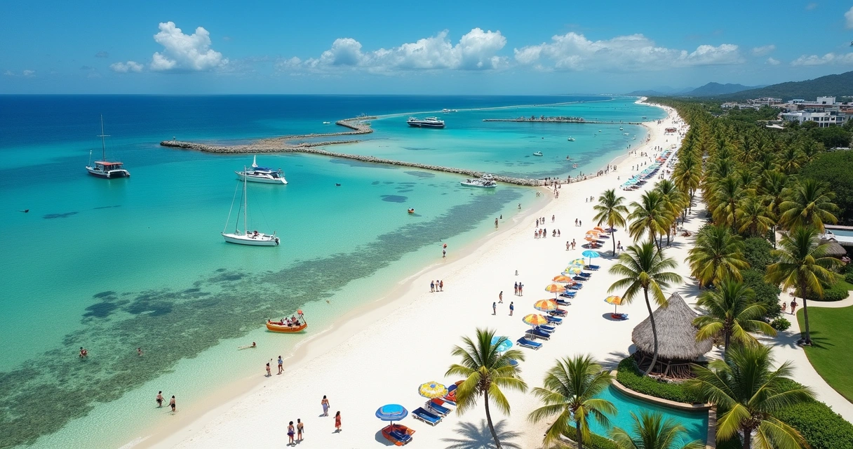 Vista aérea de praia em Maragogi com mar azul e piscinas naturais na maré baixa 