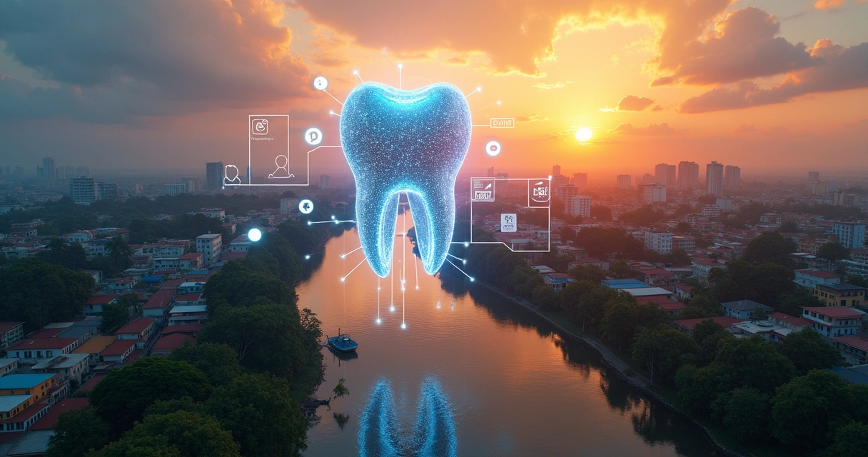 Vista aérea de Belém com ícones digitais ligados a um dente brilhante em destaque 