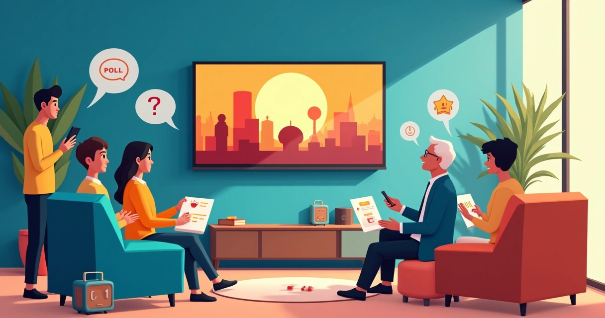 Grupo em sala moderna usando recursos interativos enquanto assiste séries clássicas 