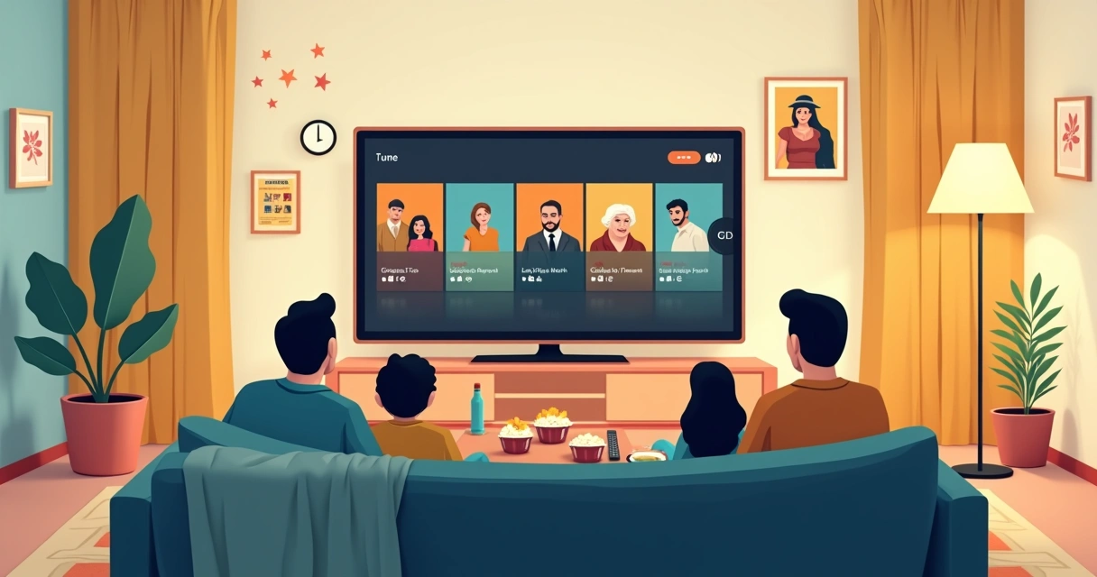 Família reunida no sofá assistindo maratona de séries clássicas na TV 
