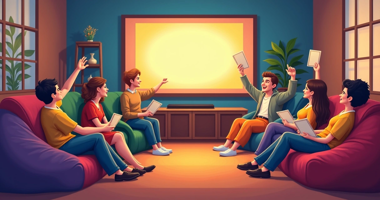 Pessoas reunidas em uma sala assistindo séries clássicas, rindo e interagindo com jogos de perguntas e respostas 