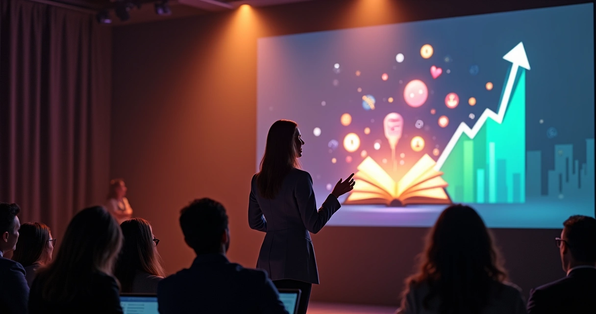 Empreendedora falando em apresentação com ícones de história e crescimento de vendas 