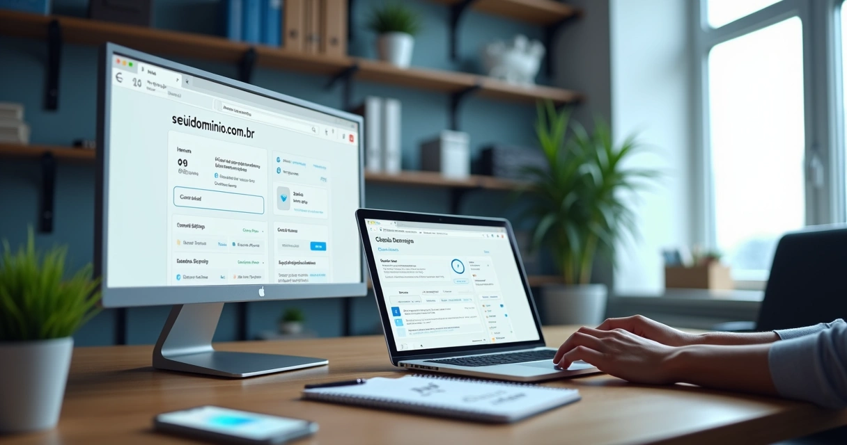 Profissional configurando domínio hospedagem e e-mail em múltiplas telas 
