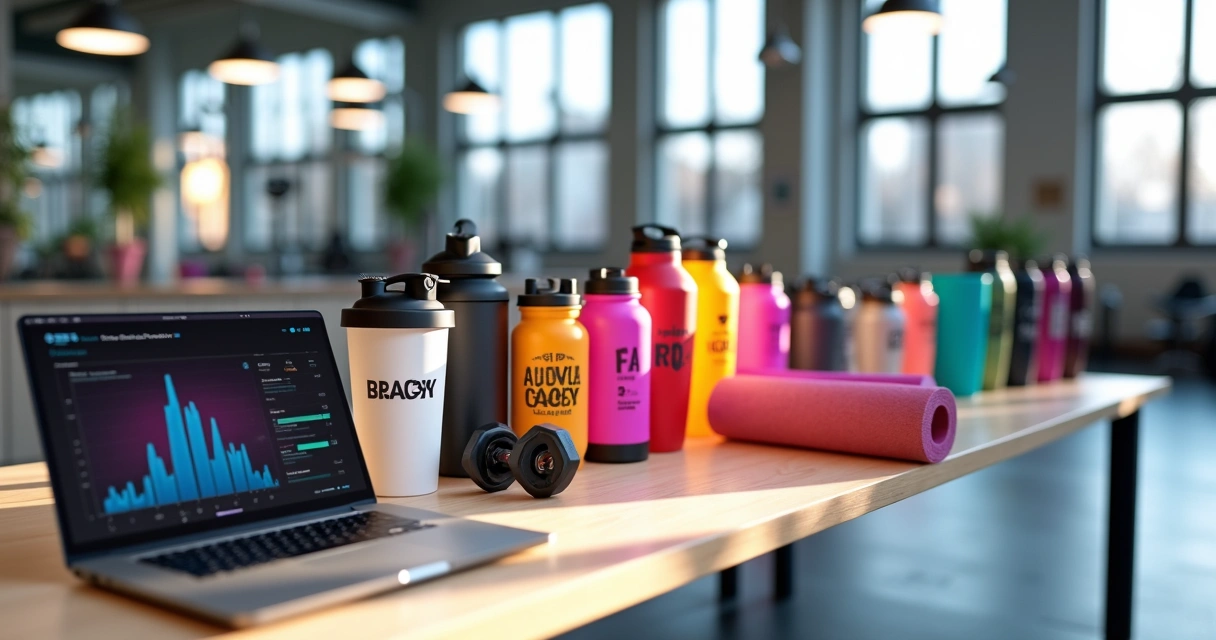 Mesa com coqueteleiras personalizadas, garrafas térmicas coloridas e copos promocionais em ambiente fitness para campanha de Black Friday 
