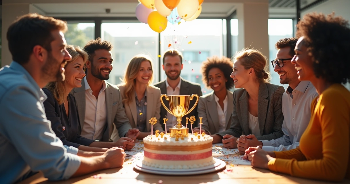 Equipe de afiliados celebrando com a loja, troféu ao centro representando sucesso em vendas 