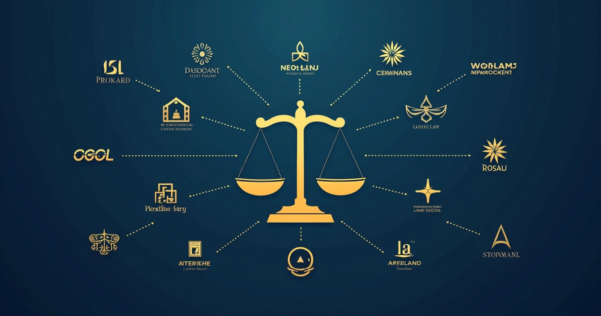 Símbolo da balança da justiça sobre fundo formado por diversos logotipos de escritórios parceiros 