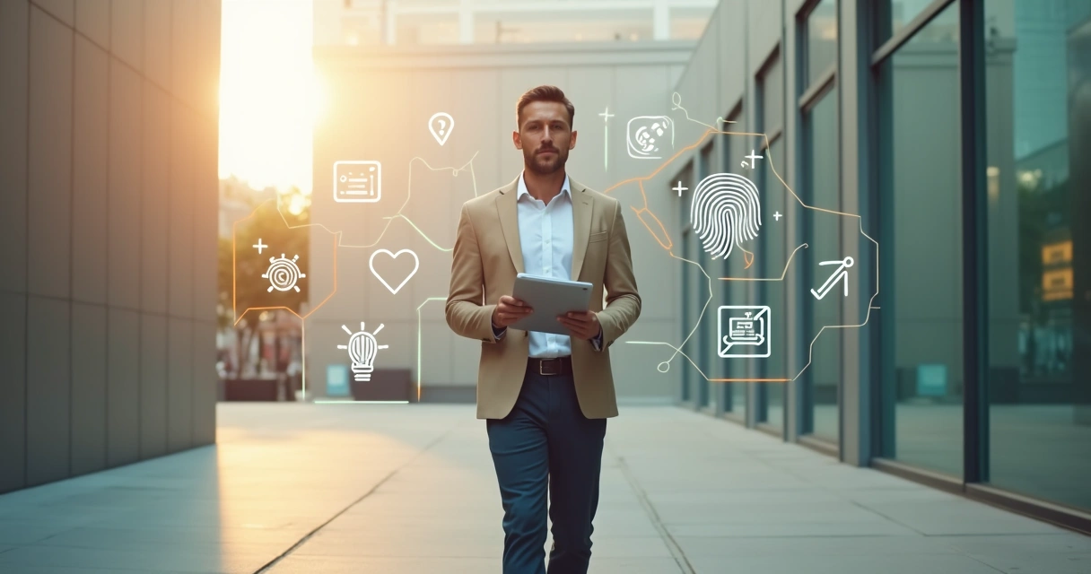 Profissional caminhando em frente a mural com ícones de identidade e valores 
