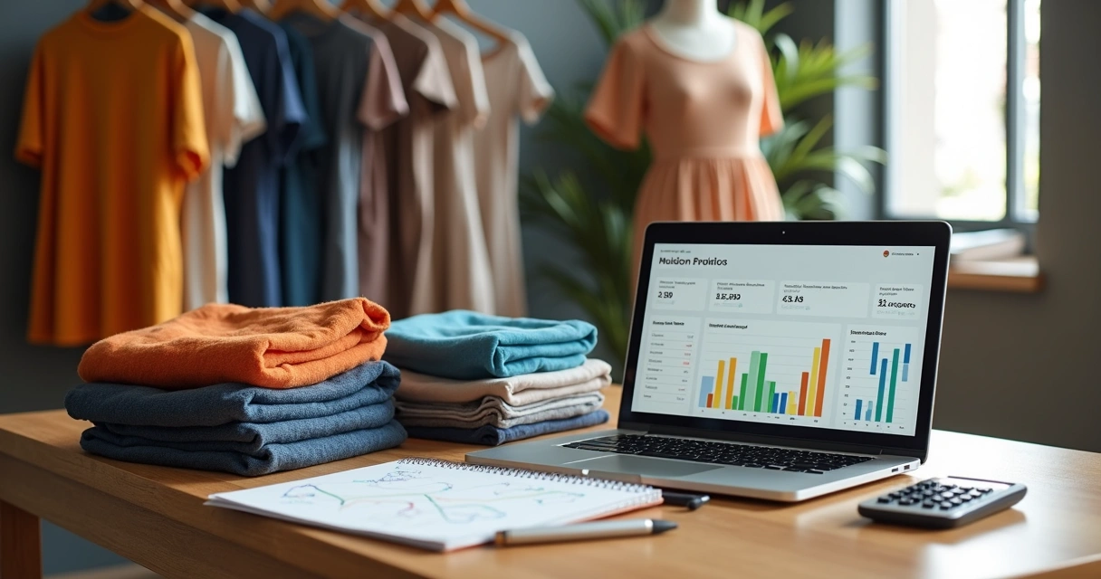 Mesa com roupas, calculadora e gráficos financeiros de marca de roupa 