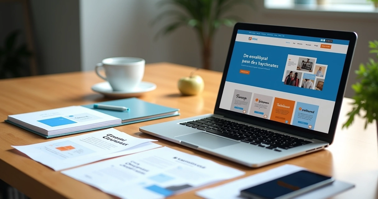 Mesa com materiais de branding ao lado de notebook exibindo site de cursos 