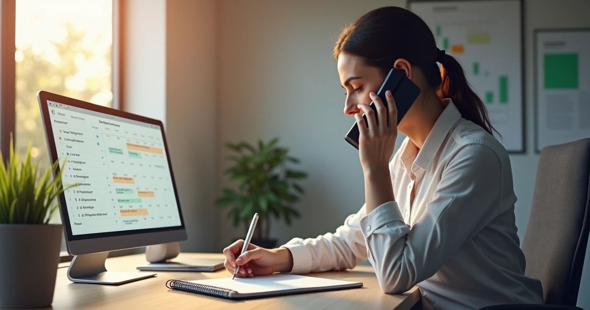 Pessoa anotando reunião ao telefone, vista lateral, escritório profissional 