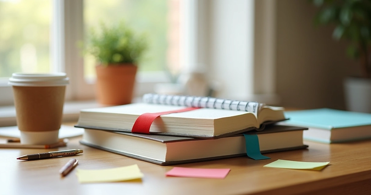 Marcador de livro colorido em cima de apostilas abertas