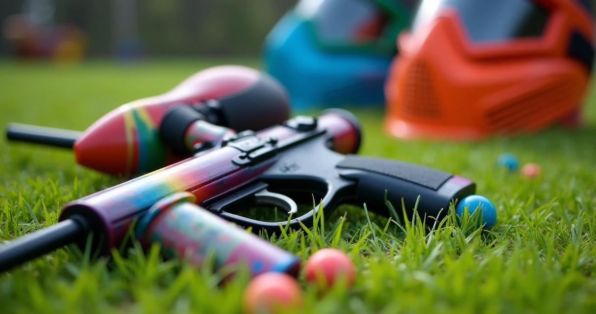 Marcador de paintball com cápsulas de tinta na grama 